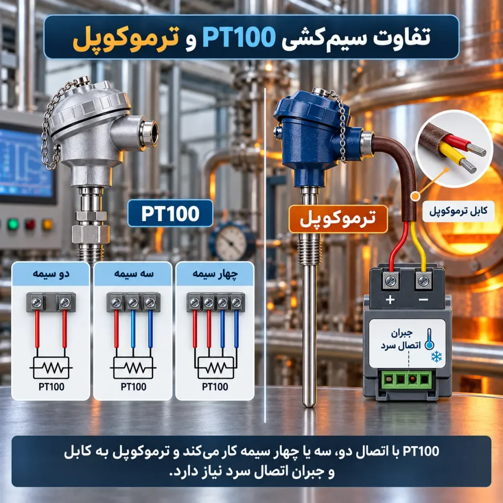 تفاوت سیم‌کشی PT100 و ترموکوپل